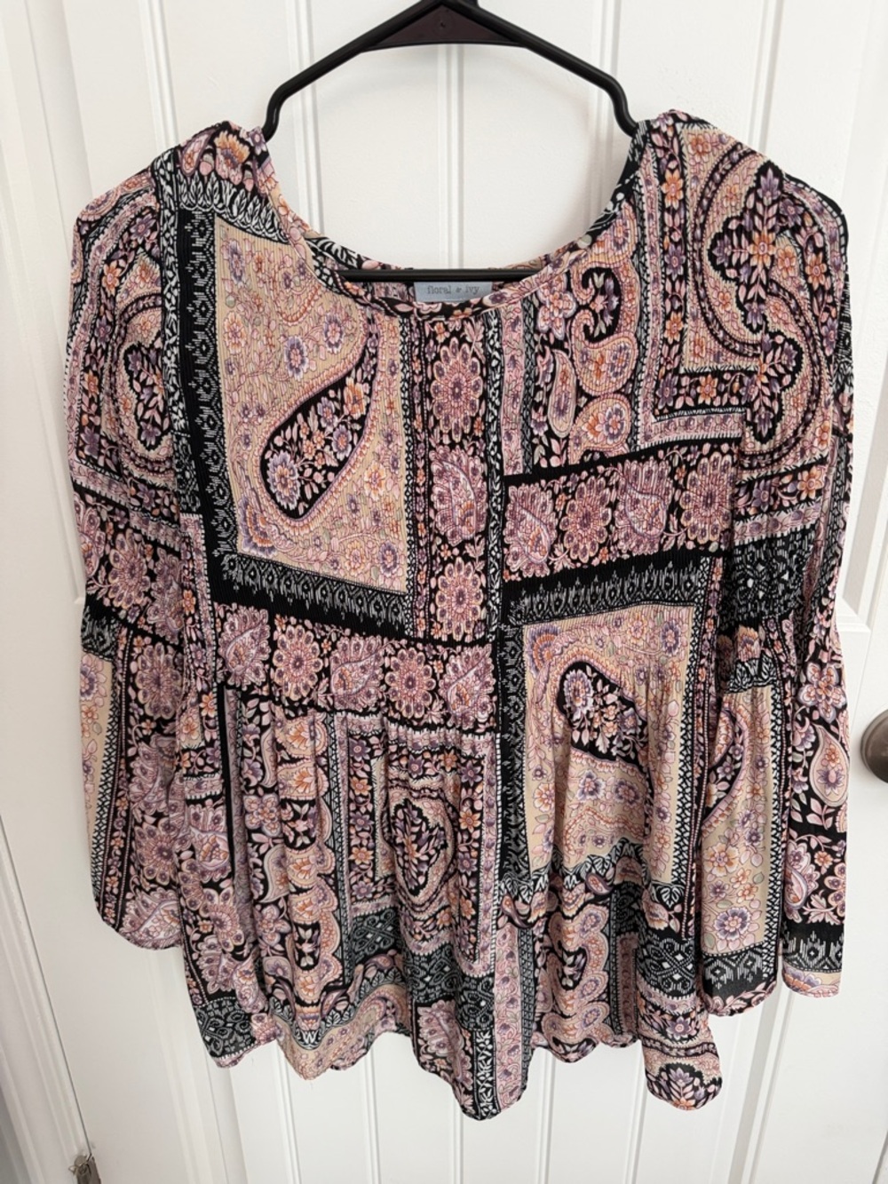 Boho Paisley Peasant Top in Pink and Black